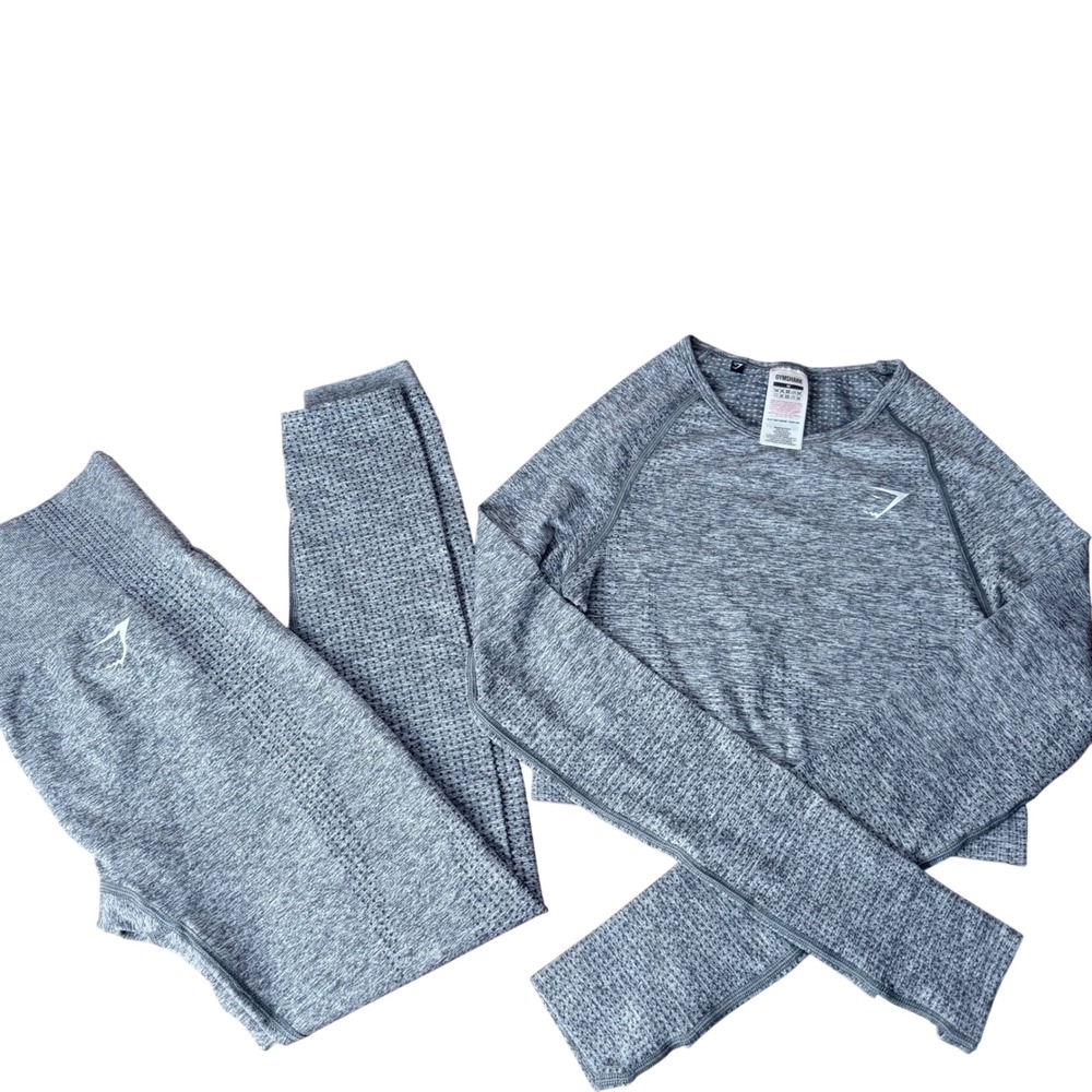 Gymshark‎ Vital Seamless 2.0 Set Grey Marl Long Sleeve Crop Top Leggings Medium